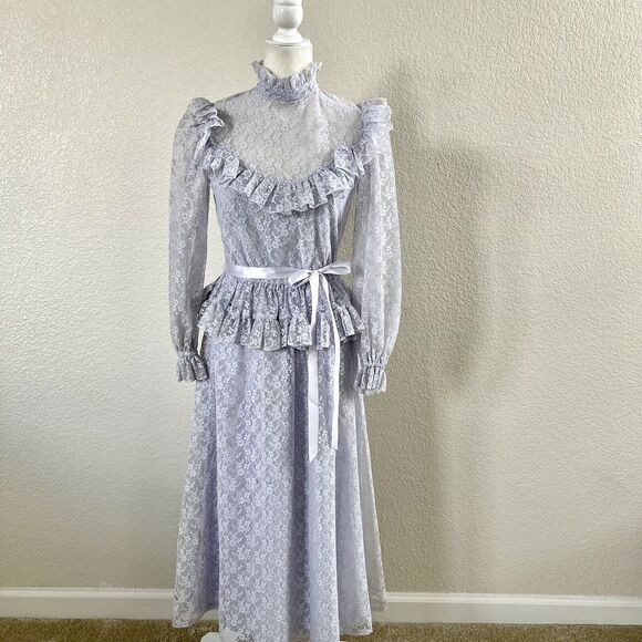 Vintage 70s Long Light Purple Lilac Ruffled Lace Maxi Dress Creations by Aria - Picture 1 of 16